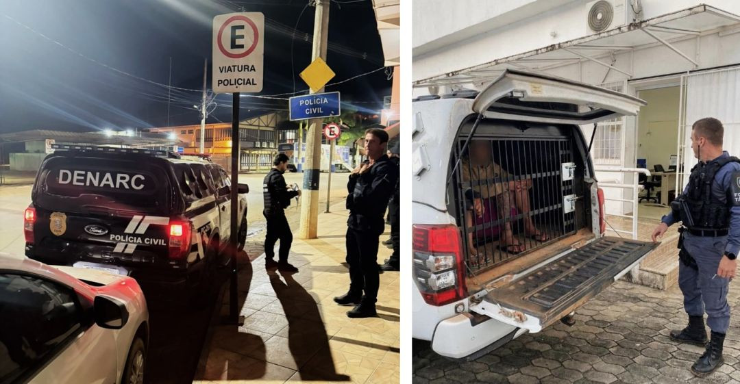 À esquerda, viatura do Denarc da Polícia Civil estacionada em frente a uma delegacia à noite com policiais na calçada. À direita, um policial militar observa um homem detido dentro da cela integrada na caçamba de uma viatura pick-up branca.