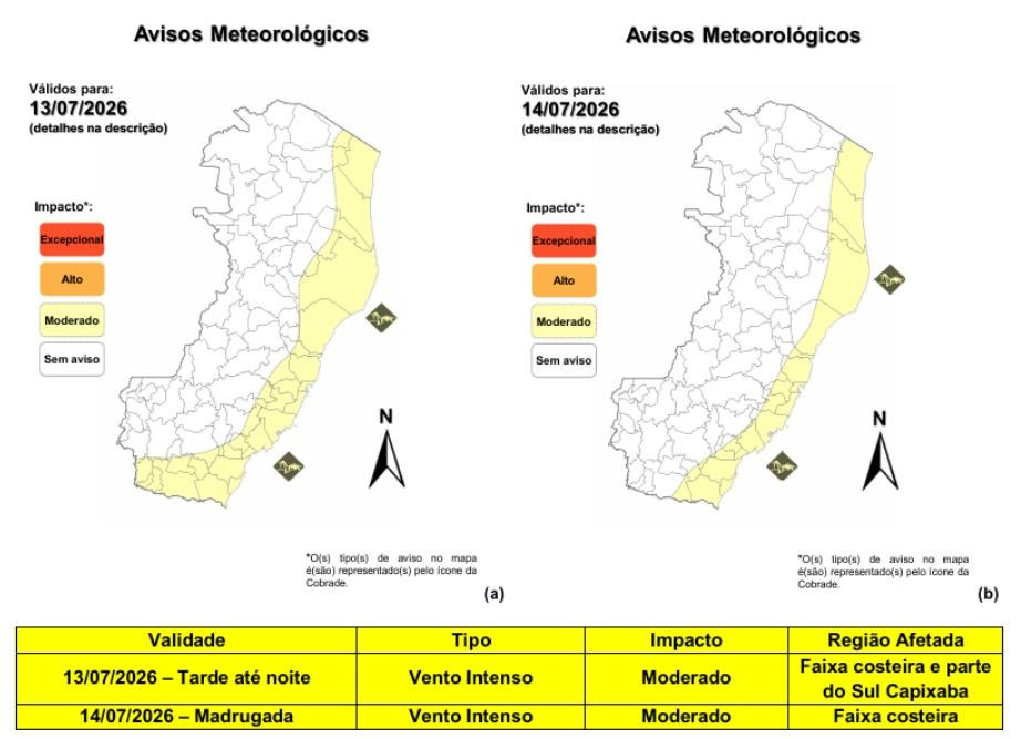 Mapas da Defesa Civil do Espírito Santo mostram aviso meteorológico de impacto moderado para ventos intensos, válido para os dias 13 e 14 de julho de 2026, com destaque para o sul do Estado e faixa litorânea.