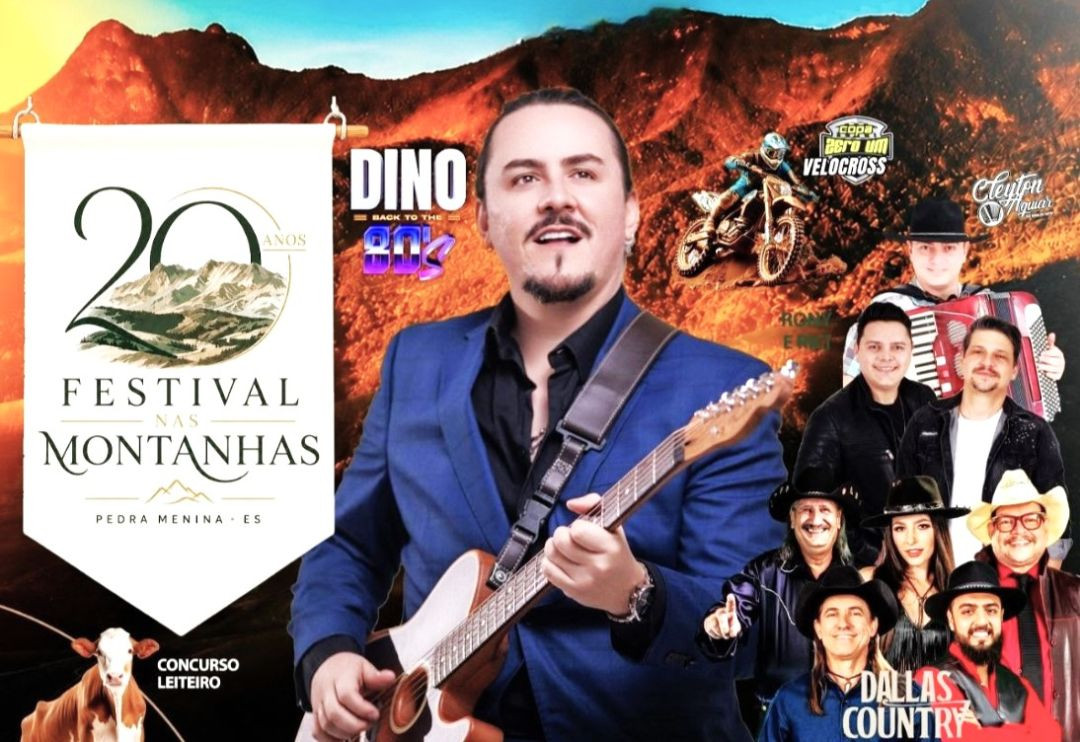 Cartaz oficial do 20º Festival nas Montanhas de Pedra Menina, Espírito Santo. No topo esquerdo, um banner de tecido com o logotipo do evento: 
