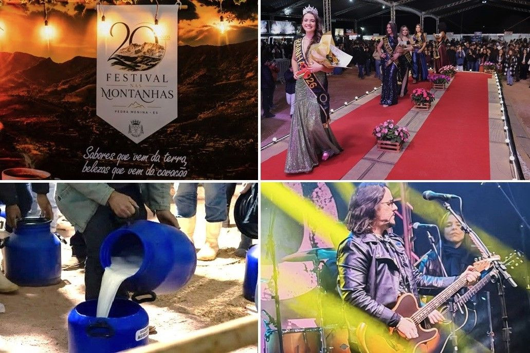 Montagem com quatro fotos mostrando o banner do Festival das Montanhas, as jovens do concurso da Rainha das Montanhas vestindo vestidos de festa, desfilando com faixas de premiação como Rainha, Princesa e Simpatia, além de buquês de flores, uma pessoa despejando leite de um galão azul para outro e homem de cabelos compridos e óculos escuros vestindo jaqueta preta de couro e tocando guitarra.