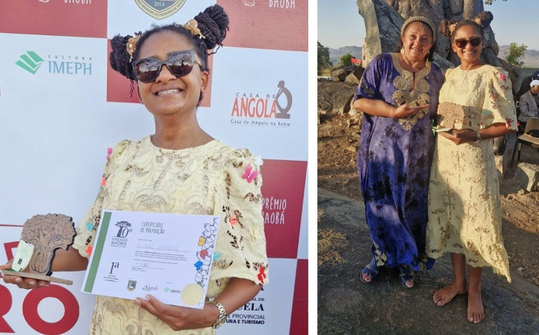 Montagem com duas fotos da contadora de histórias Eliane Correia em Angola: à esquerda, ela sorri segurando o certificado do Prêmio Baobá e um troféu de madeira; à direita, ela aparece ao lado de outra participante em uma paisagem ao ar livre.