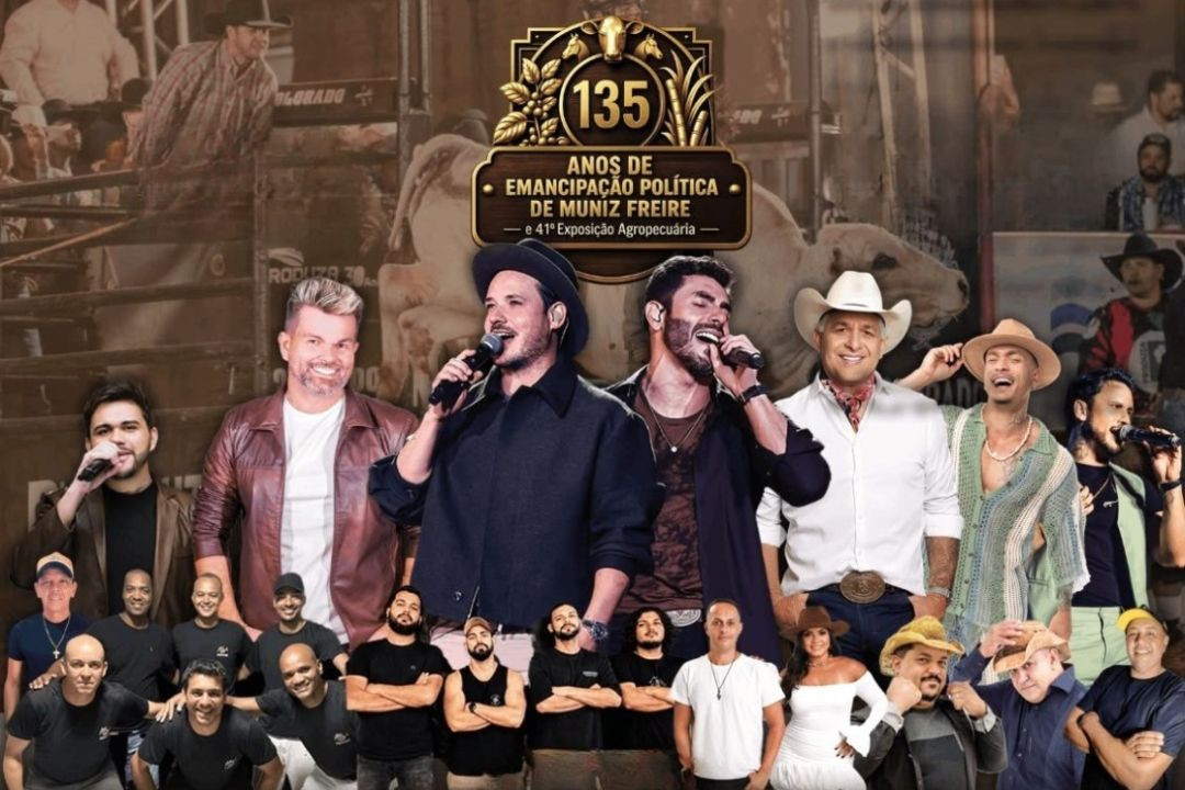 Arte de divulgação dos 135 anos de Emancipação Política de Muniz Freire e da 41ª Exposição Agropecuária. A imagem reúne fotos dos principais artistas da programação musical, tendo ao centro o selo comemorativo do evento e, ao fundo, uma cena de rodeio realizada no Parque de Exposições.