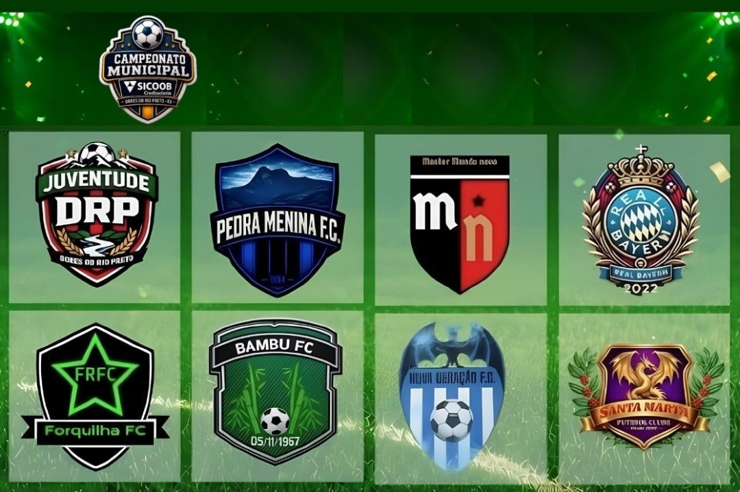 Arte de divulgação do Torneio Início do Campeonato Municipal Sicoob Credisudeste, em Dores do Rio Preto, exibindo os escudos das oito equipes participantes: Juventude, Pedra Menina FC, Mundo Novo, Real Bayer, Forquilha FC, Bambu FC, Nova Geração FC e Santa Marta.