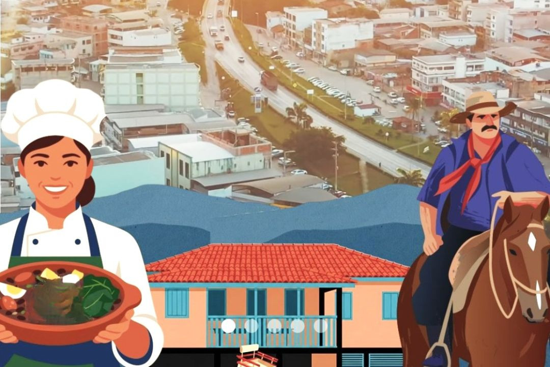 Arte de divulgação do festival Sabores do Caparaó em Ibatiba, com imagem aérea da cidade ao fundo, ilustrações de uma cozinheira segurando um prato típico, um tropeiro montado a cavalo e um casarão histórico, representando a gastronomia e a cultura regional.