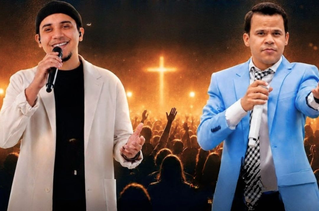 Arte de divulgação da Consciência Evangélica de Ibatiba mostra o cantor Felipe Rodrigues e o pregador Elizeu Rodrigues à frente de um público em adoração, com uma cruz iluminada ao fundo. O evento será realizado em 1º de agosto, na Praça David Gomes.