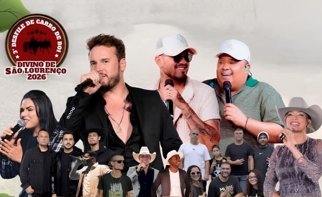 Cartaz de divulgação com fotos coladas dos cantores e bandas que se apresentarão no evento, com destaque para a dupla sertaneja Humberto e Ronaldo ao centro e o selo do 3º Desfile de Carro de Boi no canto superior esquerdo.
