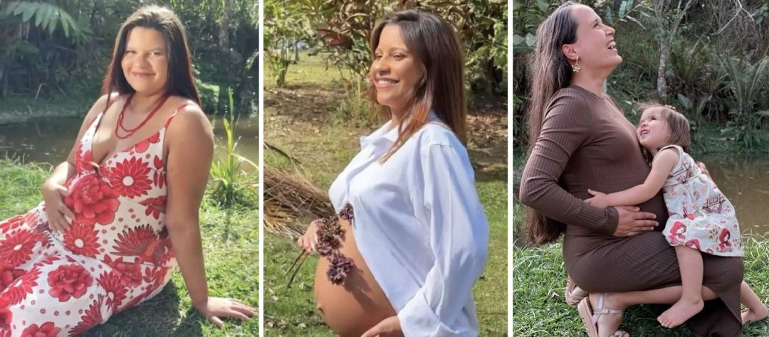 Mosaico com três fotos de gestantes. Na primeira, uma mulher com vestido floral vermelho sorri sentada na grama. Na segunda, uma mulher de camisa branca segura flores secas sobre a barriga de grávida. Na terceira, uma mulher agachada sorri enquanto abraça uma criança pequena que apoia o rosto na barriga dela.