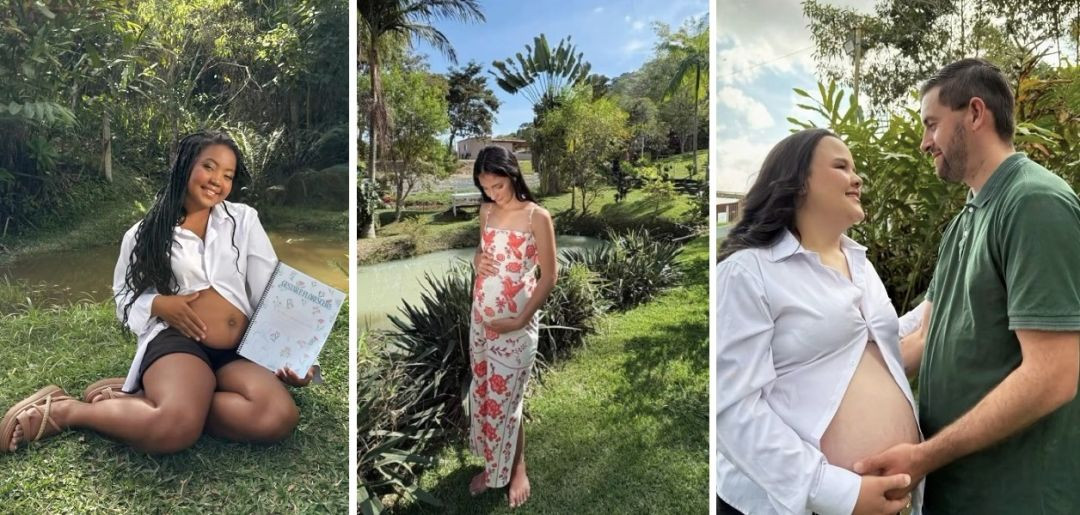 Mosaico com três fotos de participantes. À esquerda, uma mulher negra com tranças e camisa branca sentada no gramado segura o caderno do projeto 