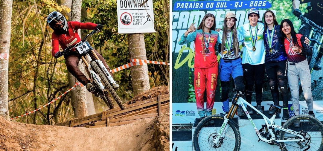 Imagem dividida em duas partes. À esquerda, piloto com capacete fechado e roupa vermelha curva a bicicleta em trecho inclinado de pista de terra com árvores ao fundo. À direita, pódio com cinco atletas femininas com medalhas, com Nara Faria ao centro vestindo camisa de campeã e boné.