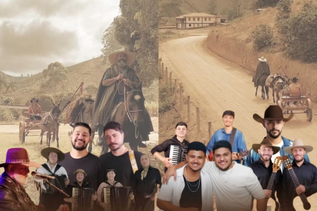 Arte de divulgação do 12º Pouso da Tropa de Ibatiba reúne imagens de tropeiros, carro de boi, cavaleiro e artistas que se apresentam no evento, sobre fundo com estrada rural e paisagem do município.