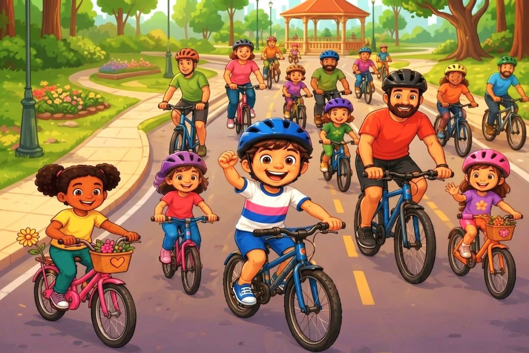 Ilustração mostra crianças e adultos pedalando juntos em um parque arborizado durante um passeio ciclístico. Todos utilizam capacetes e seguem por uma ciclovia em direção a um coreto, representando uma atividade voltada à convivência familiar.