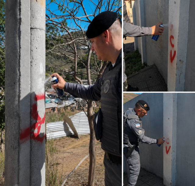 Inscrições com a sigla “PCV” identificadas pela Polícia Militar em muro durante operação em Dores do Rio Preto.