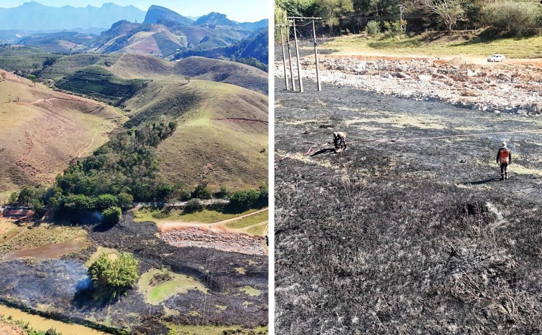 Vista aérea panorâmica mostra a extensão da área queimada com a paisagem montanhosa ao fundo à esquerda; agente da Defesa Civil caminha sobre o solo coberto por cinzas para monitorar focos à direita.