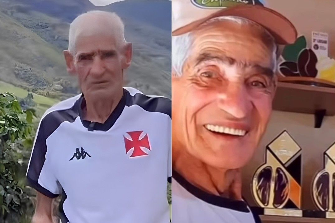 Montagem com duas fotos do produtor rural Onofre Alves de Lacerda. À esquerda, ele aparece em pé diante de uma lavoura de café nas montanhas, vestindo a camisa do time do Vasco da Gama. À direita, Onofre sorri usando boné e camisa branca, posando ao lado de troféus de concursos de cafés especiais dispostos em uma prateleira.