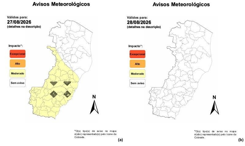 Mapa da Defesa Civil do Espírito Santo mostra aviso meteorológico de impacto moderado para chuva intensa, raios, granizo e vento em regiões do estado, incluindo o Caparaó.